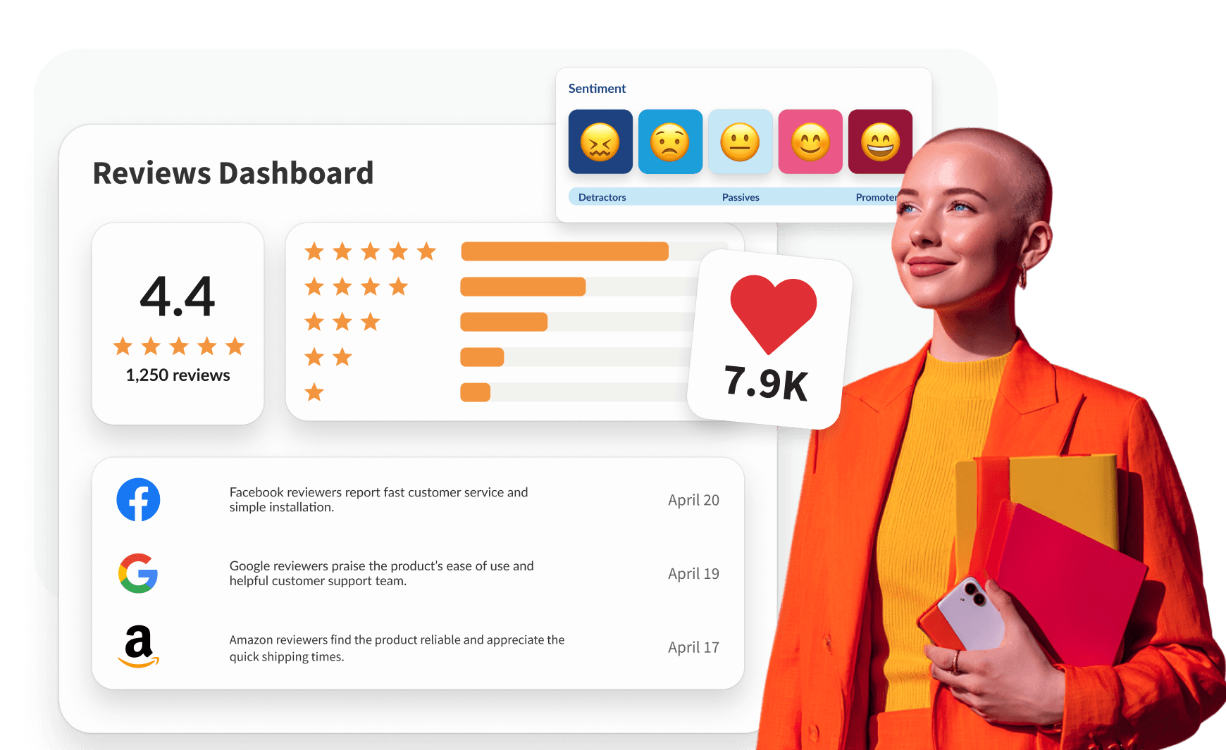 Business professional in light gray blazer next to media statistics chart and social network icons on coral background