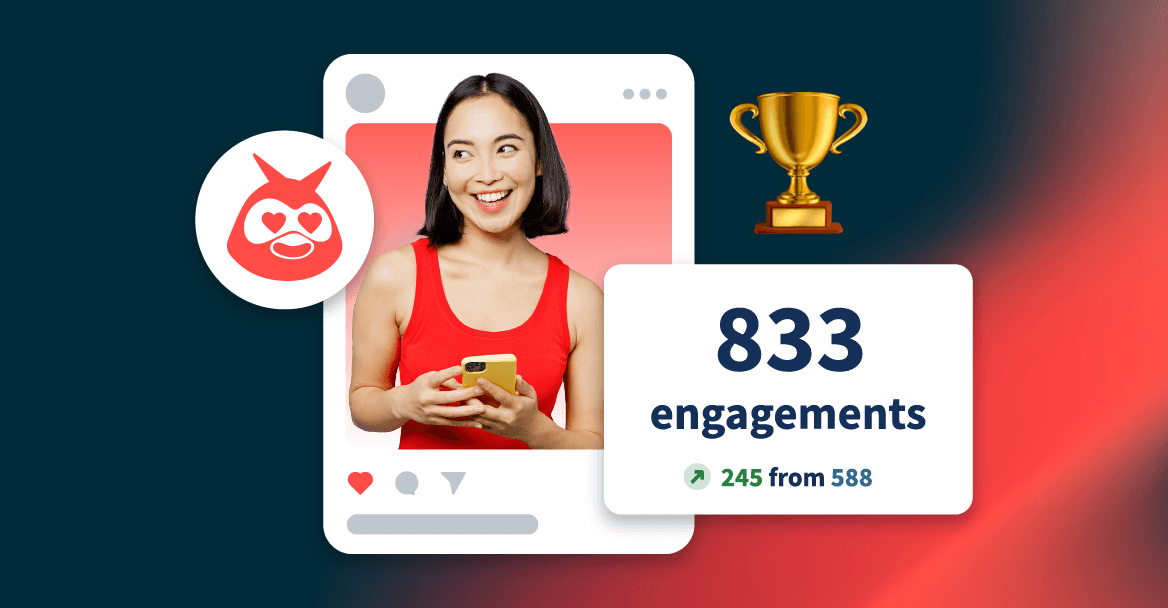 Social media post showing 833 engagements with a trophy icon, featuring a smiling woman in red using a smartphone